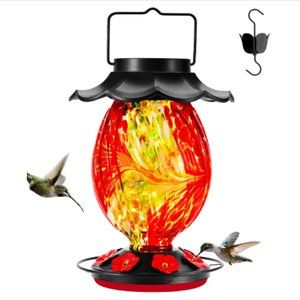Lg - Solar Powered - Hand Blown Glass - 7 Color Changing Hummingbird Feeder